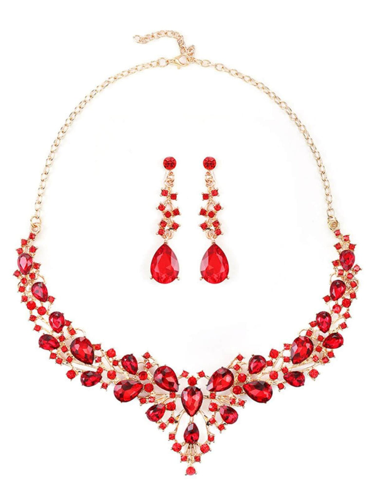 Red Teardrop Rhinestone Necklace & Earrings Set