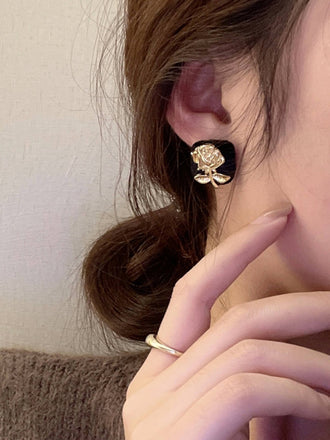 Vintage Black & Gold Cubic Flower Earrings