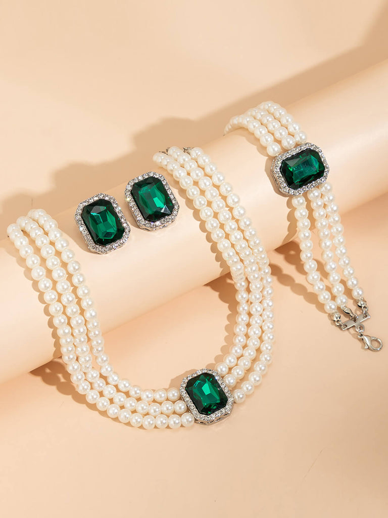 Gemstone Pearl Necklace & Bracelet & Earrings Set