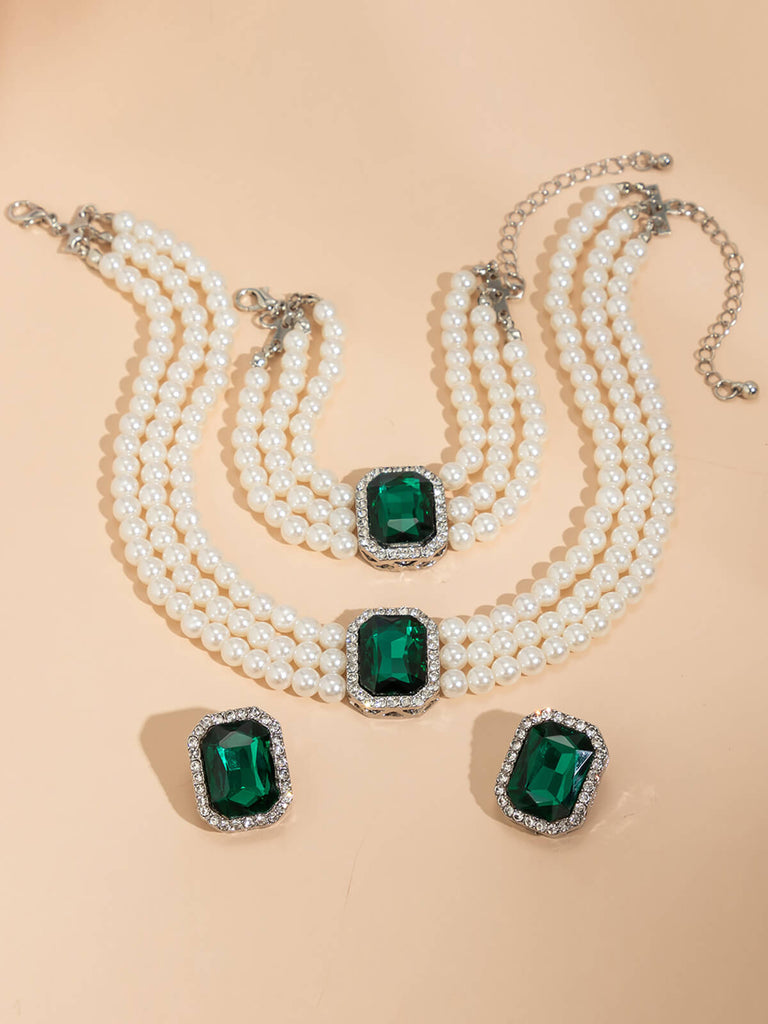 Gemstone Pearl Necklace & Bracelet & Earrings Set