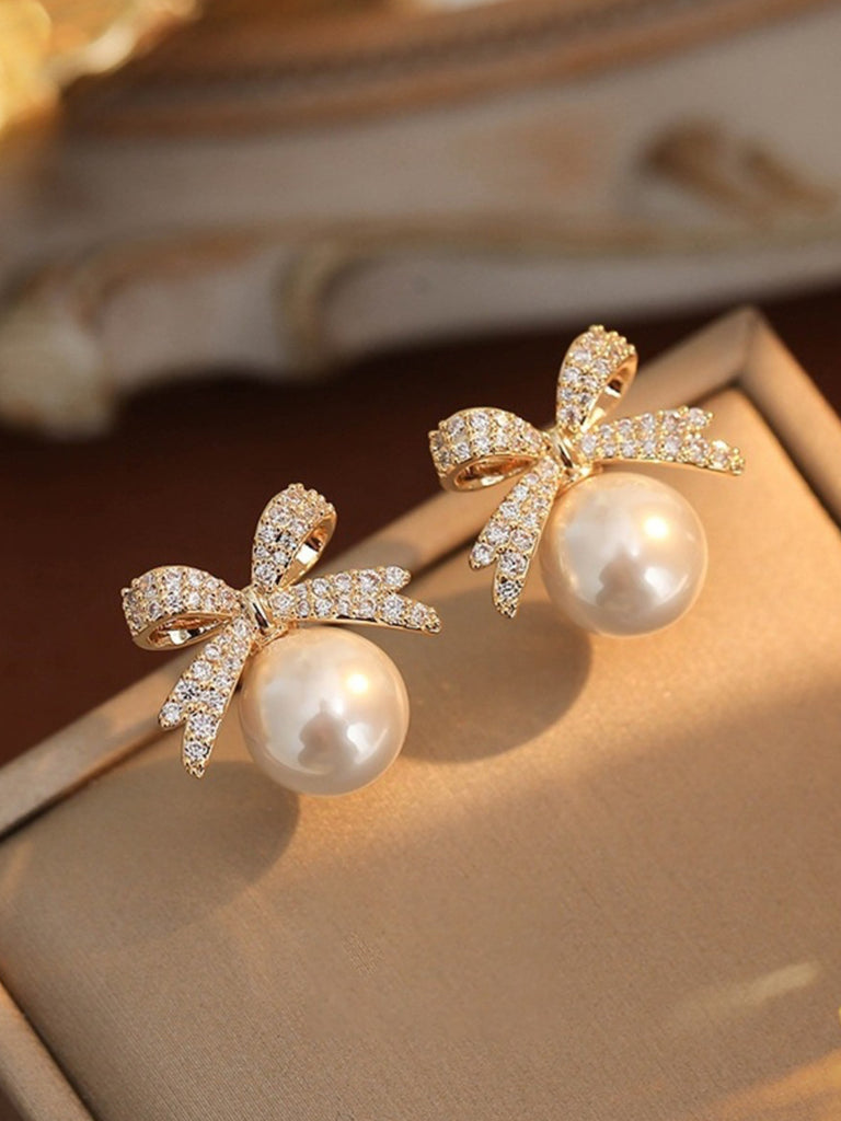 Retro Bow Rhinestone Pearl Earrings