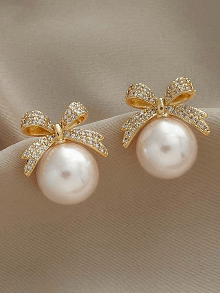 Retro Bow Rhinestone Pearl Earrings