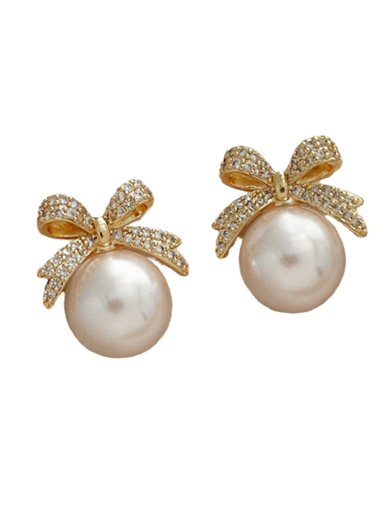 Retro Bow Rhinestone Pearl Earrings