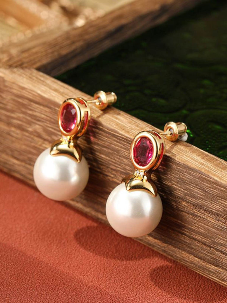 White Pearl Pink Gemstone Inlay Earrings