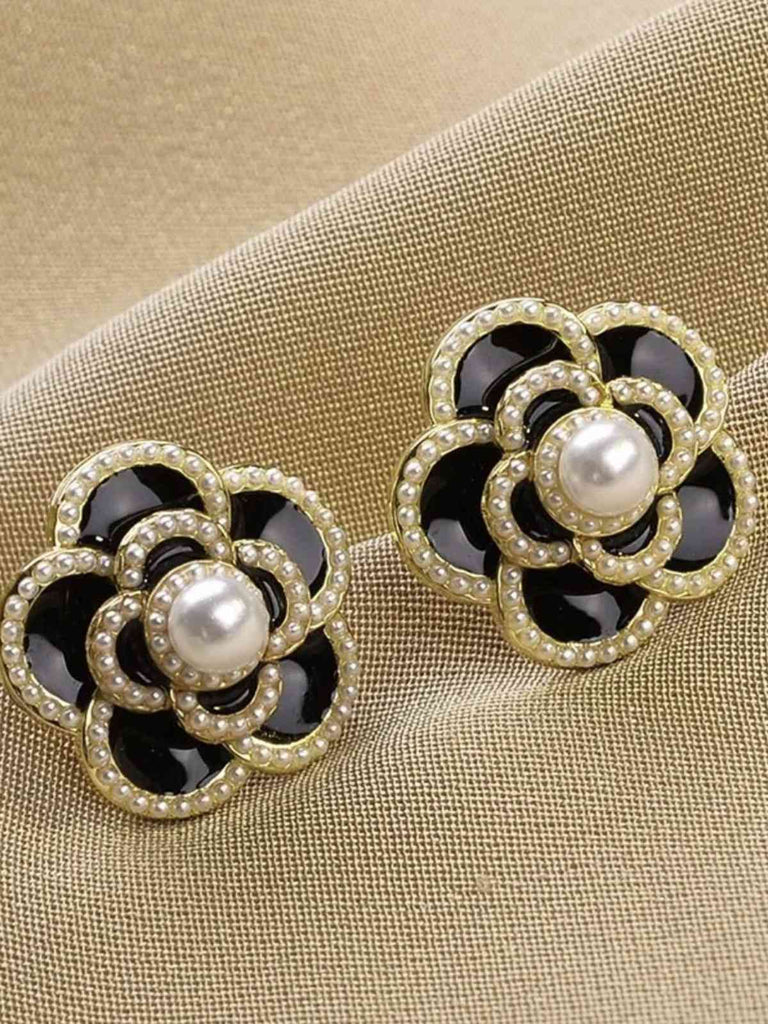 Black & White Pearl Camellia Stud Earrings