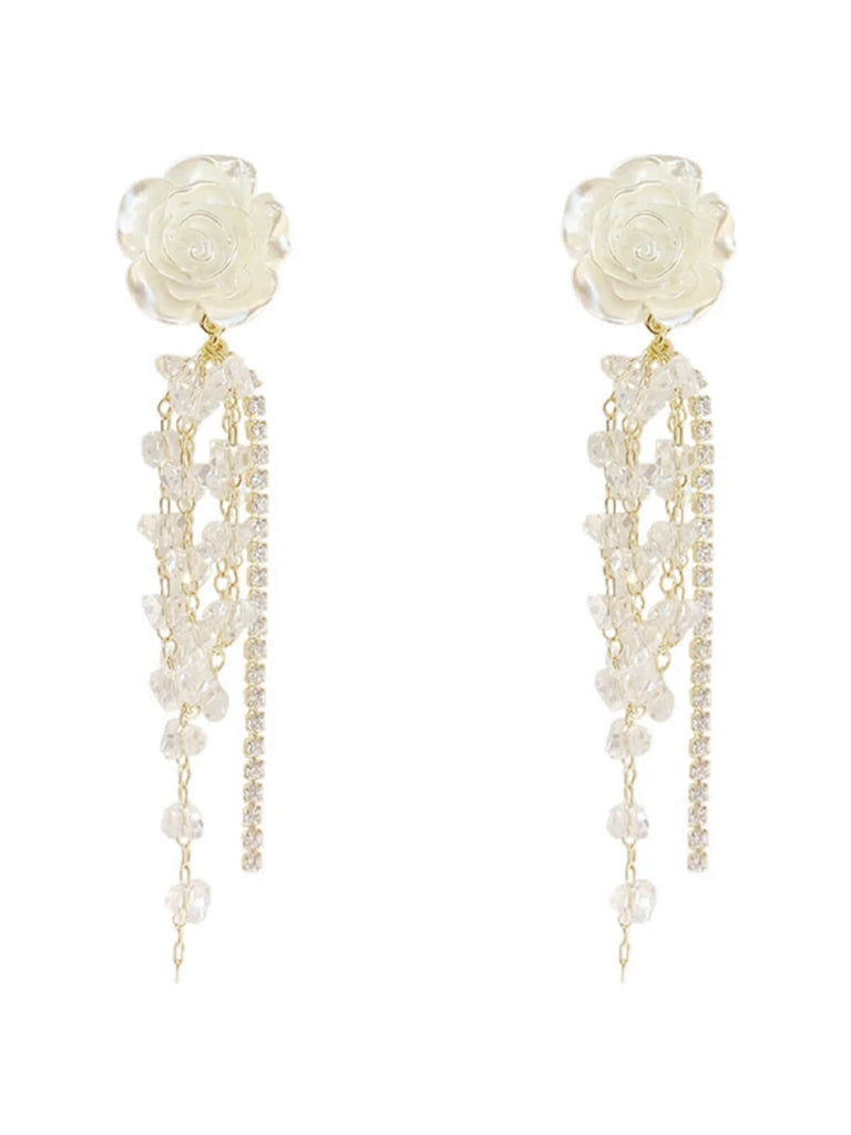 White Rose Rhinestone Tassel Earrings