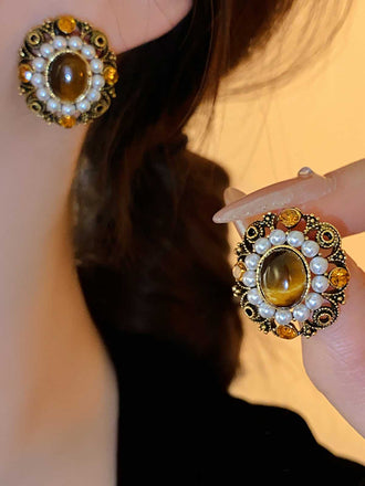 Vintage Olive Yellow Diamond Pearl Earrings