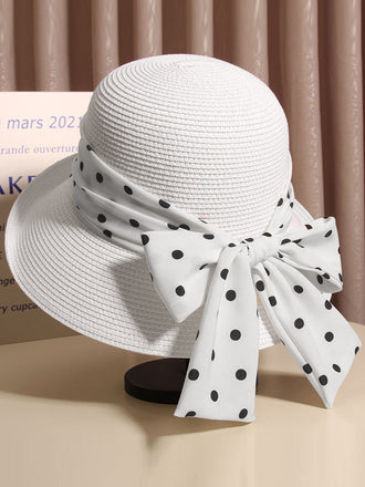 Polka Dot Ribbon Bow Tie Straw Hat
