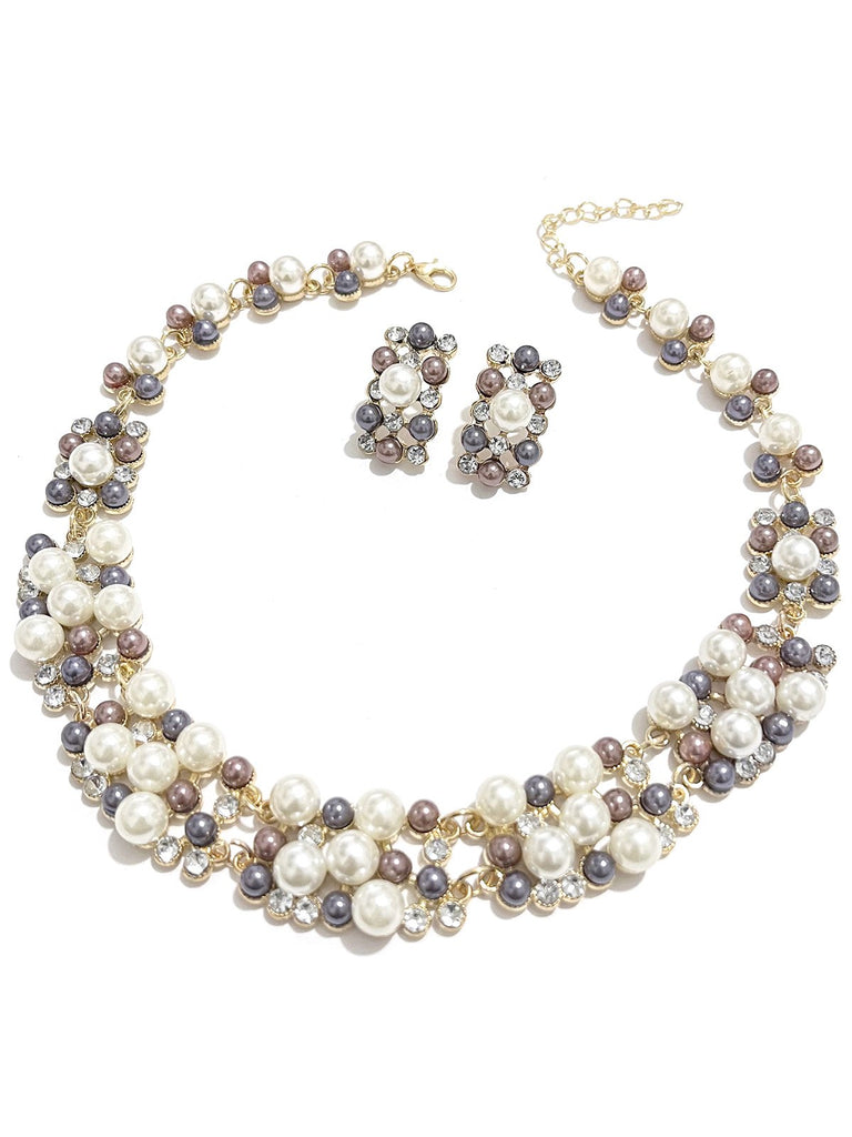Rhinestoned Imitation Pearl Necklace & Earrings Set