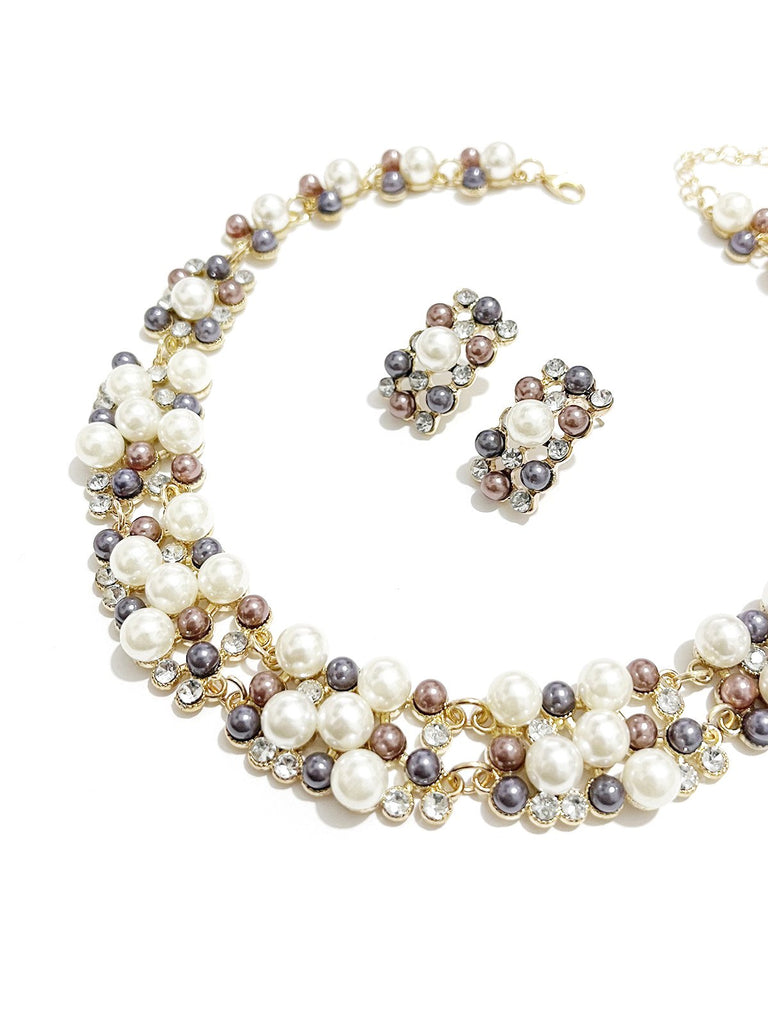 Rhinestoned Imitation Pearl Necklace & Earrings Set