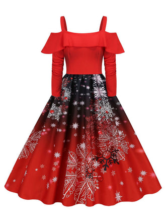 Christmas Suspender Ruffle Long Sleeve Dress