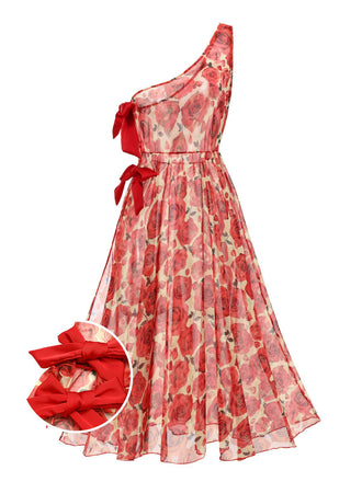 Red 1960s One-Shoulder Roses Cover-Up