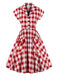 Red White 1950s Pockets Plaid Dress