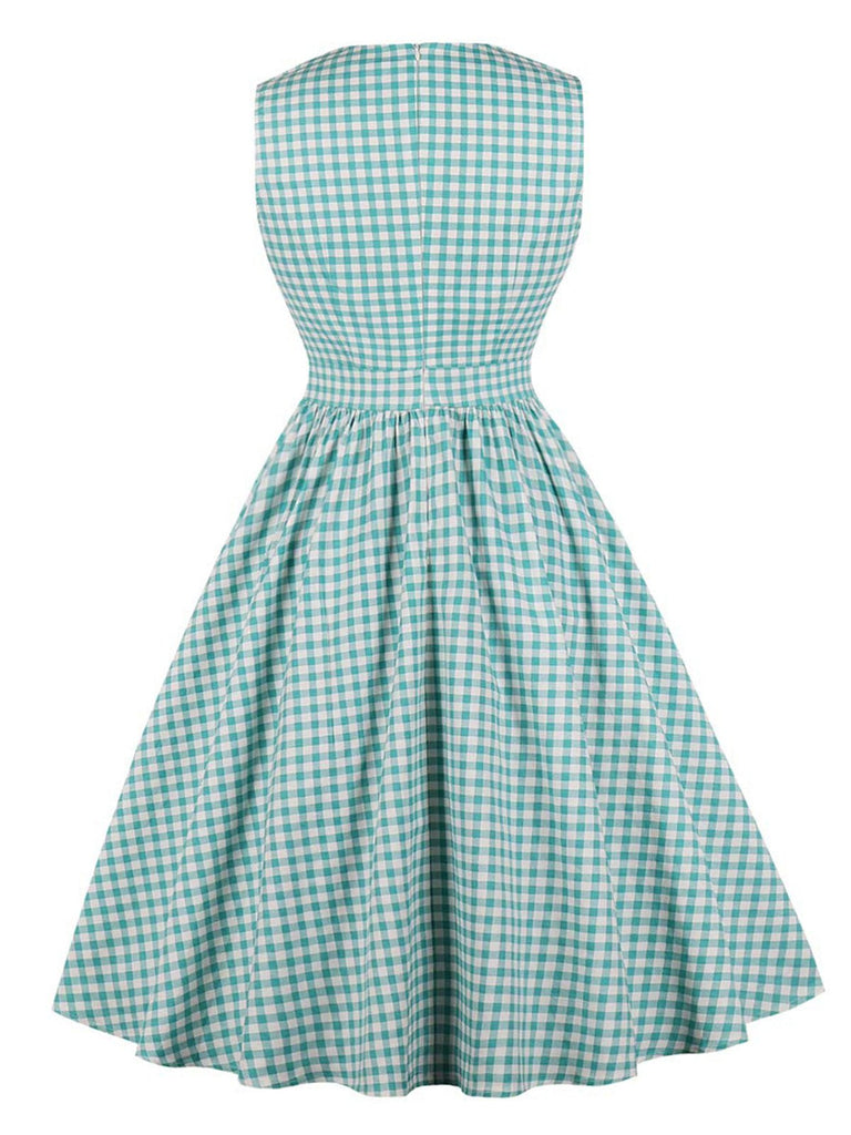 1950s Plaid Bow Pockets Lapel Dress