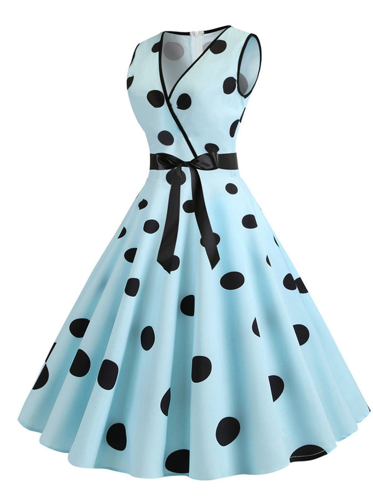 2PCS Blue 1950s Embroidery Pockets Dress & Bow Polka Dot Dress