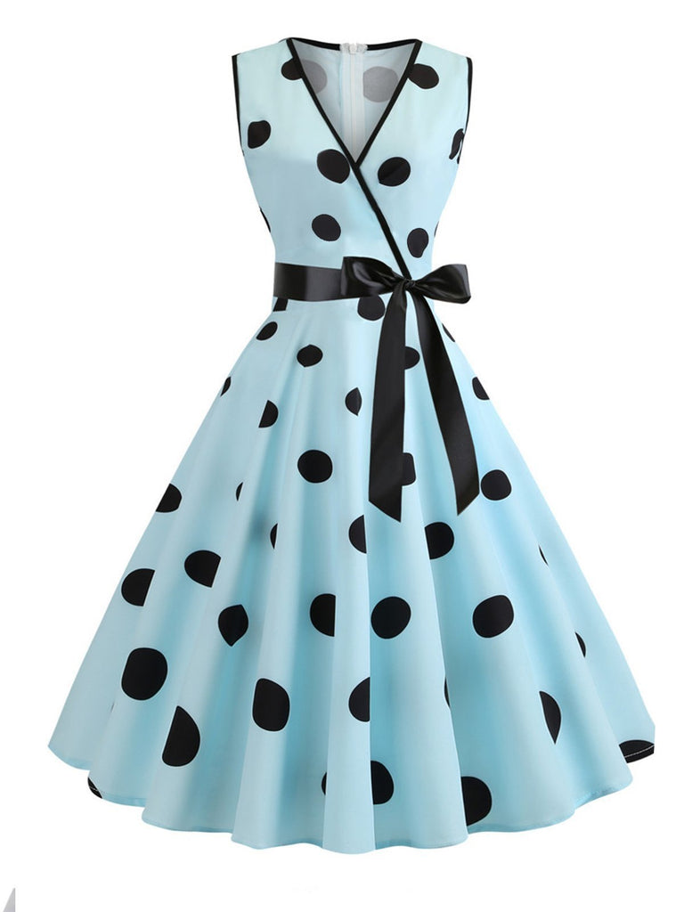 2PCS Blue 1950s Embroidery Pockets Dress & Bow Polka Dot Dress
