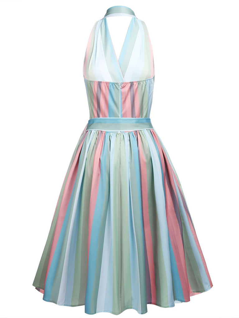 [US Warehouse] Rainbow 1950s Stripe Pocket Swing Dress