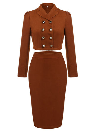 2PCS Brown 1960s Button Top & Pencil Skirt (86% off)