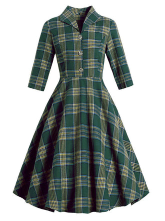 Green 1950s Plaid Button Swing Dress