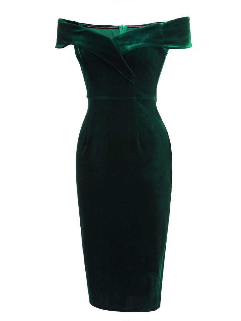 [US Warehouse] 1960s Off Shoulder Velvet Bodycon Vintage Dress