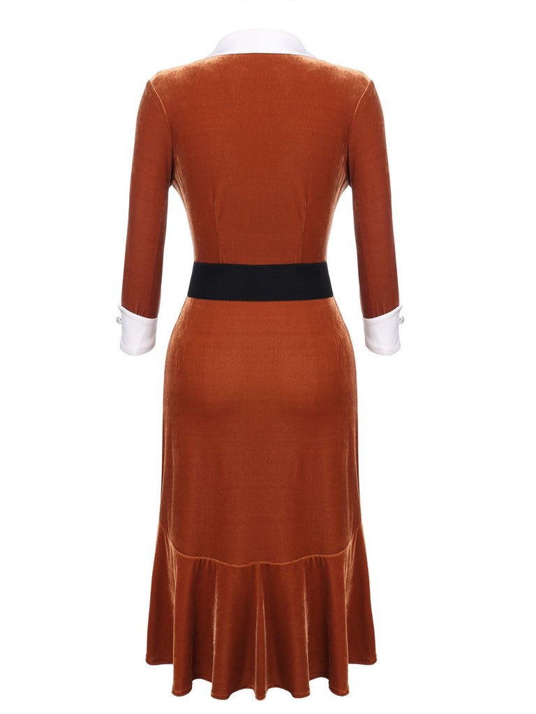 Orange 1930s Belted Velvet Work Dress