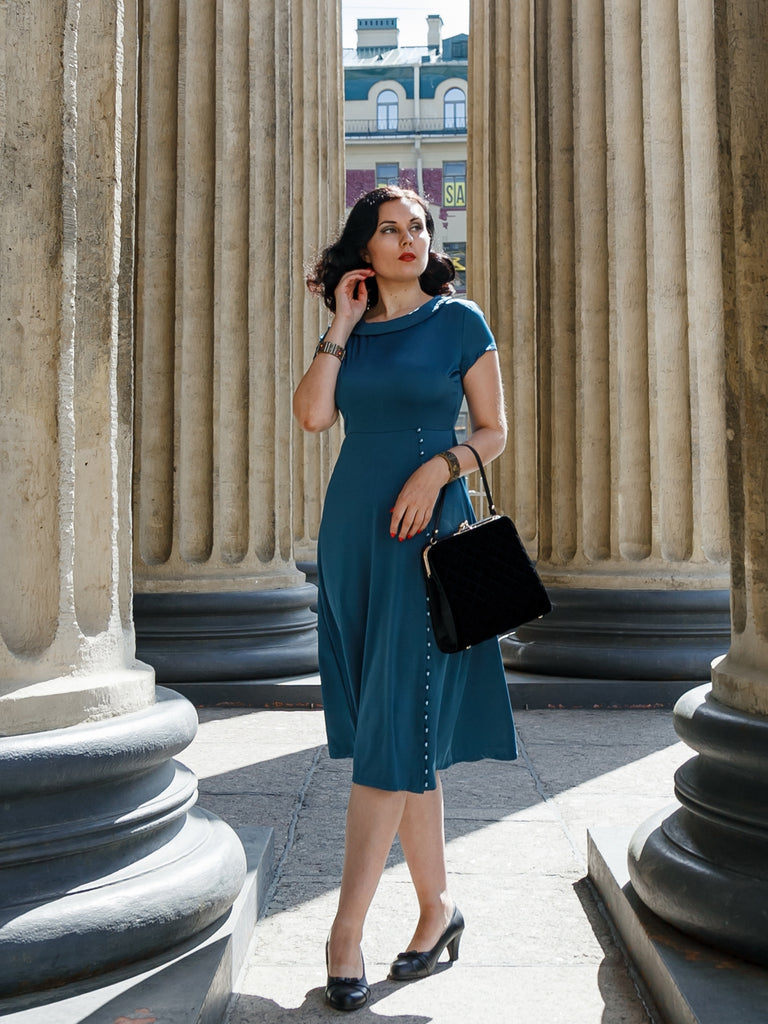 Blue 1940s Pearl Buttons Darlene Dress