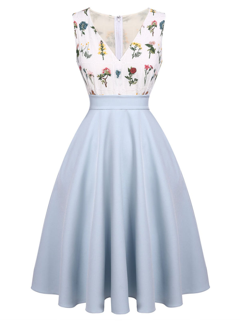 2PCS Blue 1950s Embroidery Pockets Dress & Bow Polka Dot Dress