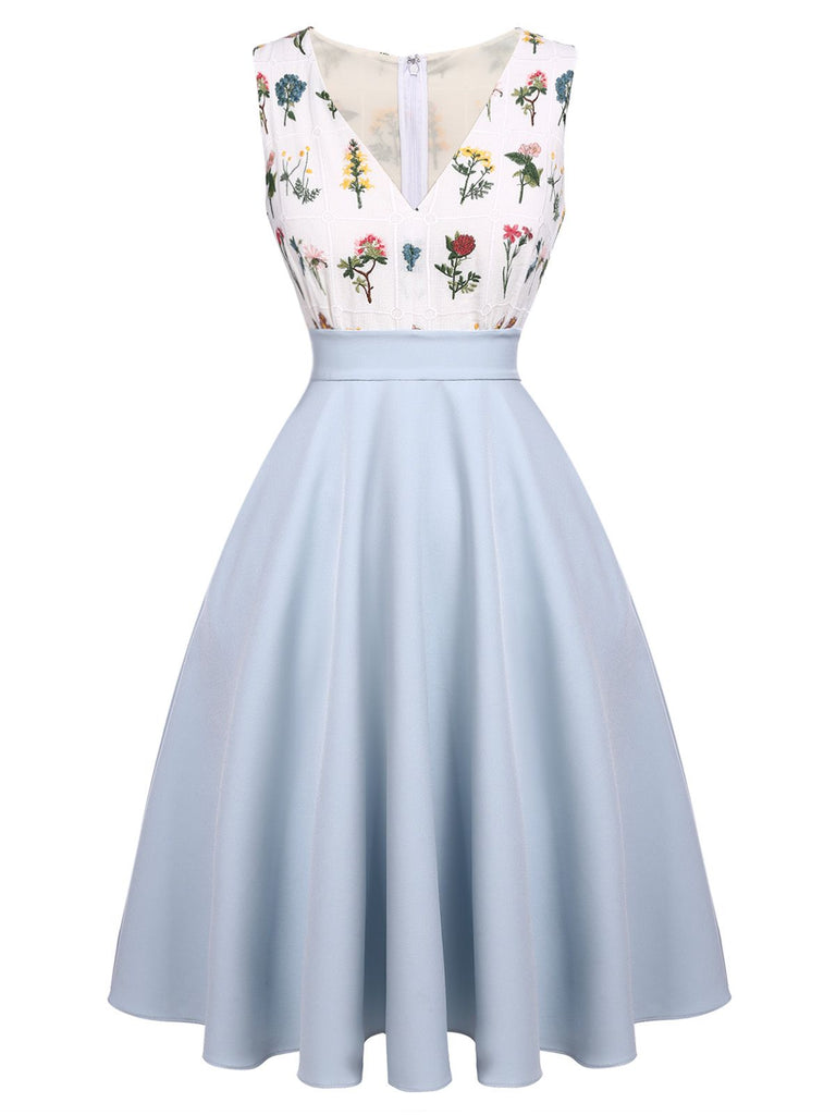 [US Warehouse] Blue 1950s Embroidery Pockets Swing Dress