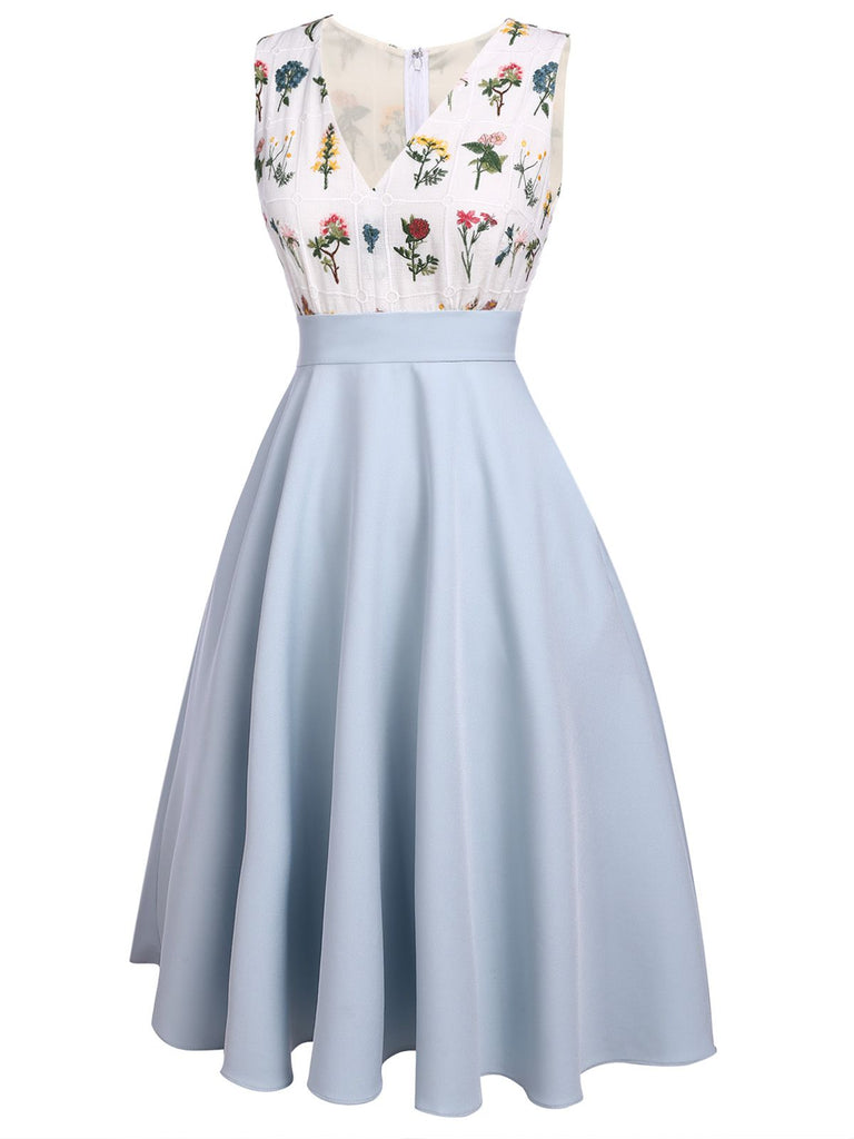 2PCS Blue 1950s Embroidery Pockets Dress & Bow Polka Dot Dress