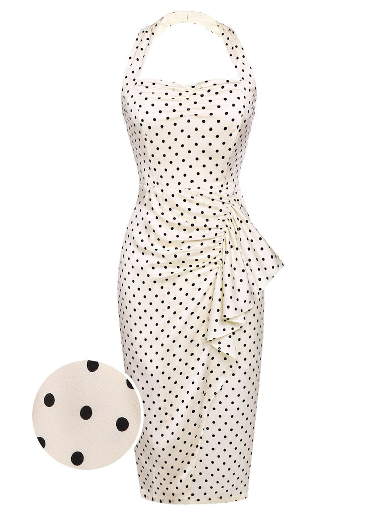 [US Warehouse] Ivory 1960s Polka Dot Halter Pencil Dress