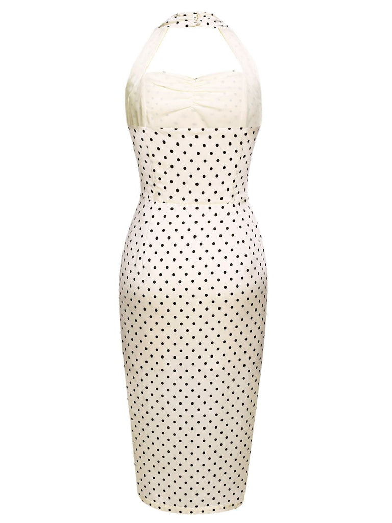 [US Warehouse] Ivory 1960s Polka Dot Halter Pencil Dress