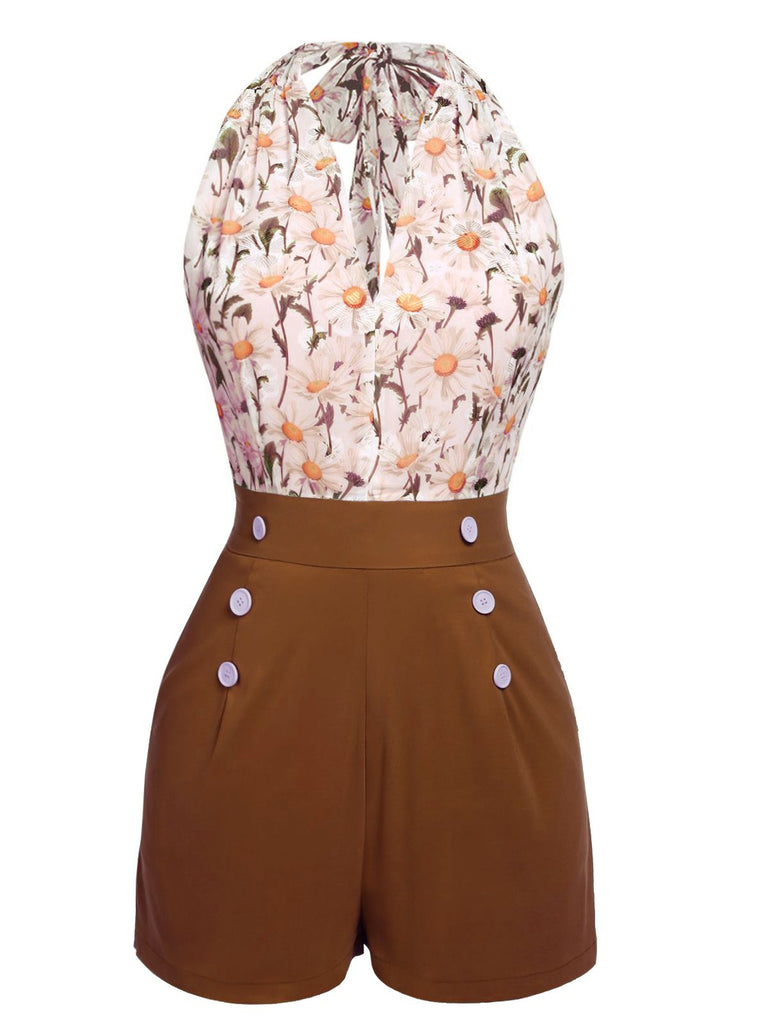 [US Warehouse] 1950s Floral Halter Button Lace-up Romper