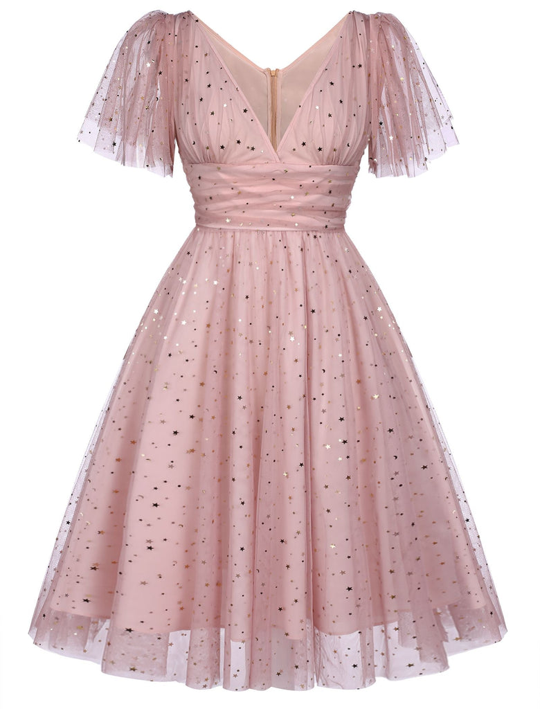[US Warehouse] Pink 1950s Star Sequin Lace Swing Dress