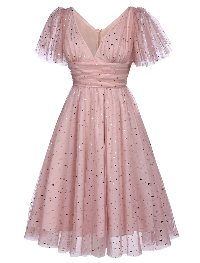 [US Warehouse] Pink 1950s Star Sequin Lace Swing Dress