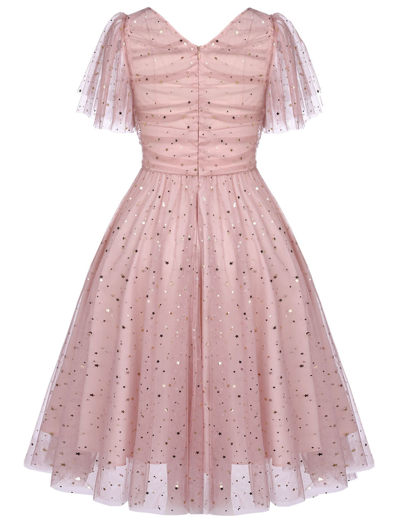 Pink 1950s Star Sequin Lace Swing Dress