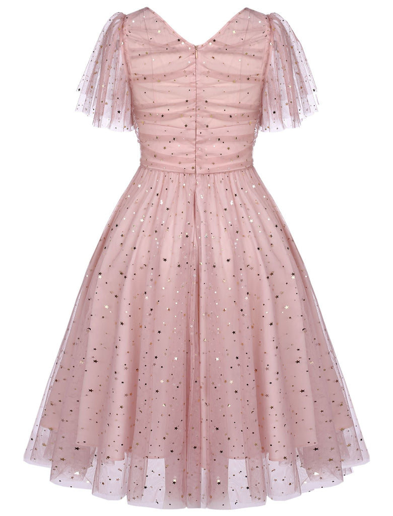 [US Warehouse] Pink 1950s Star Sequin Lace Swing Dress