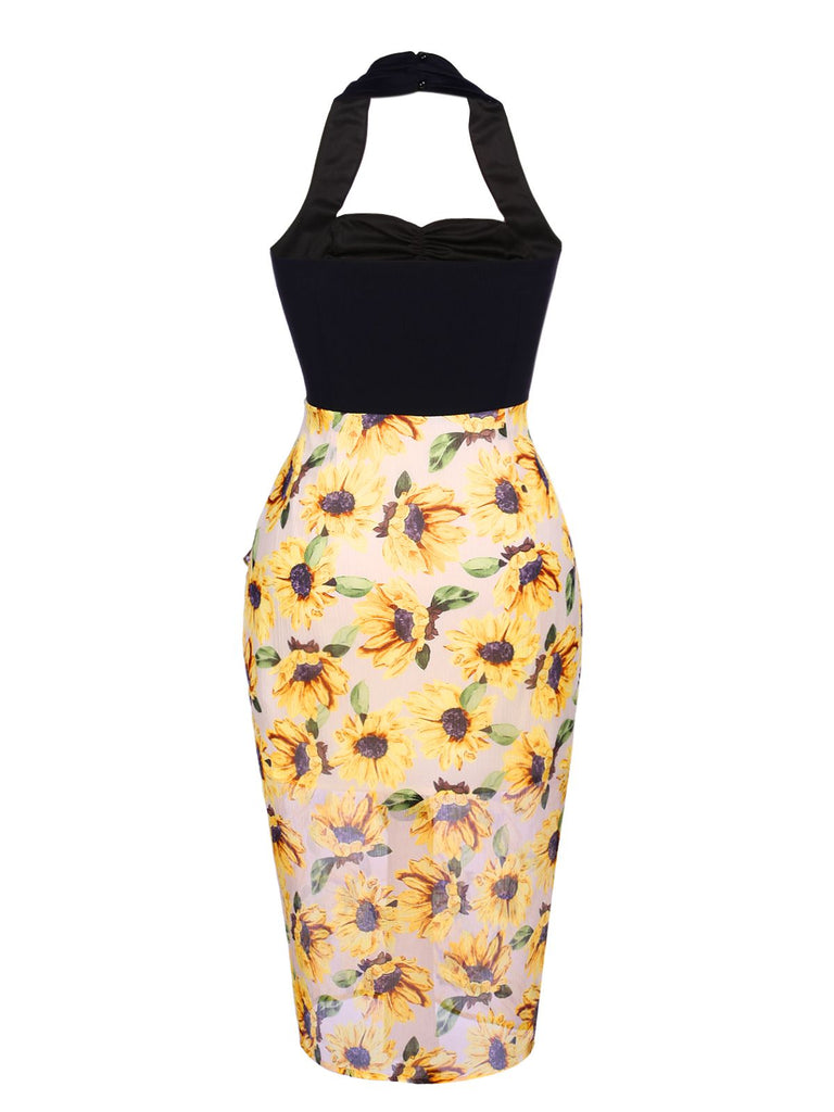 [US Warehouse] Black 1960s Halter Sunflower Pencil Dress