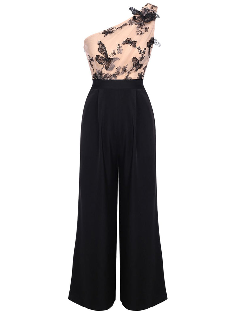 [US Warehouse] 1930s One-shoulder Lace Butterfly Jumpsuit