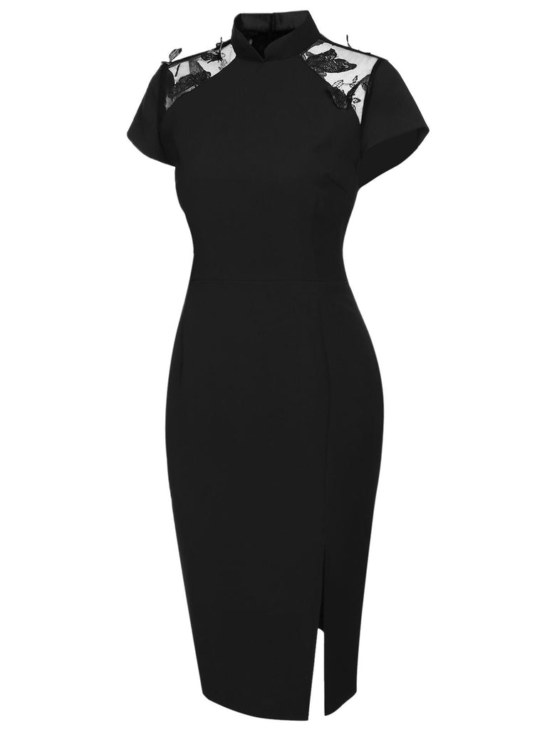 [US Warehouse] Black 1960s Butterfly Backless Pencil Dress