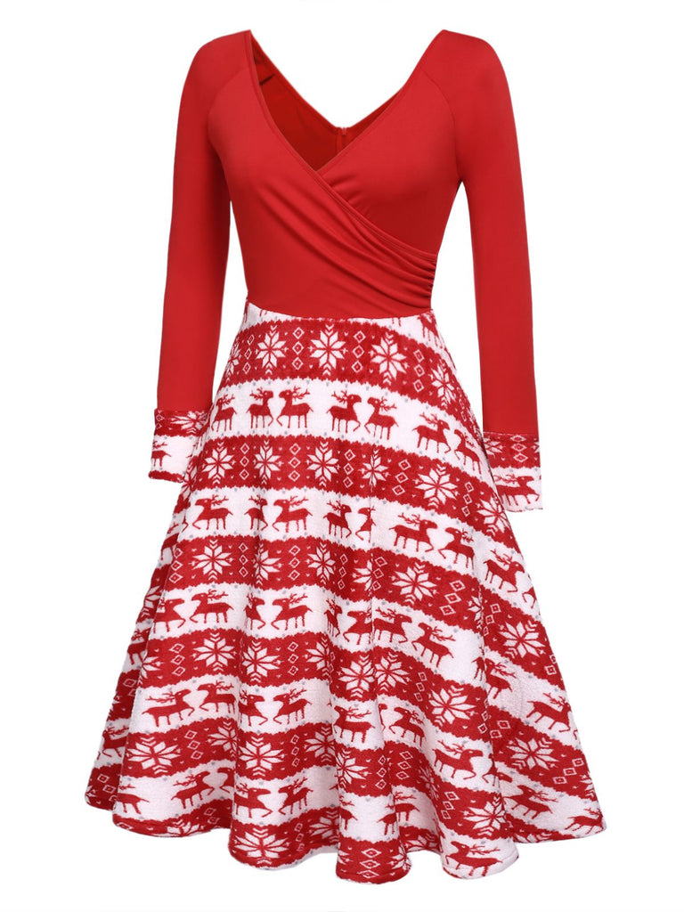 [US Warehouse] Red 1950s Christmas Patchwork Swing Dress