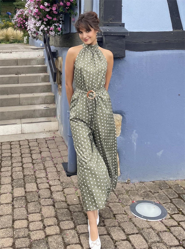 Vintage Polka Dot Belted Jumpsuit Green / Size Medium