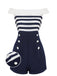 [US Warehouse] Navy Blue 1950s Patchwork Off-shoulder Striped Romper