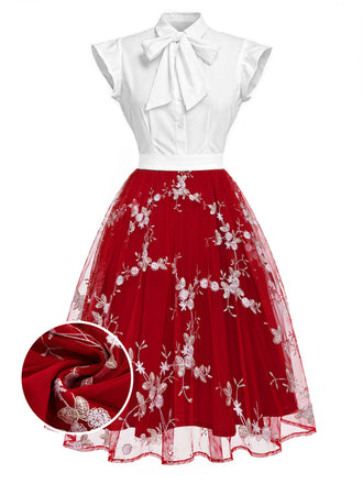 [Pre-Sale] Red 1950s Floral Embroidered Tulle Bow Neck Dress