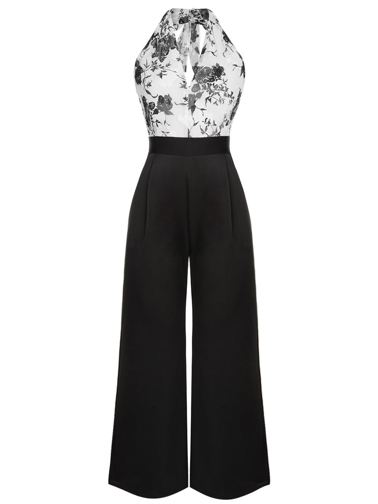 [US Warehouse] Black White 1930s Floral Halter Strap Jumpsuit