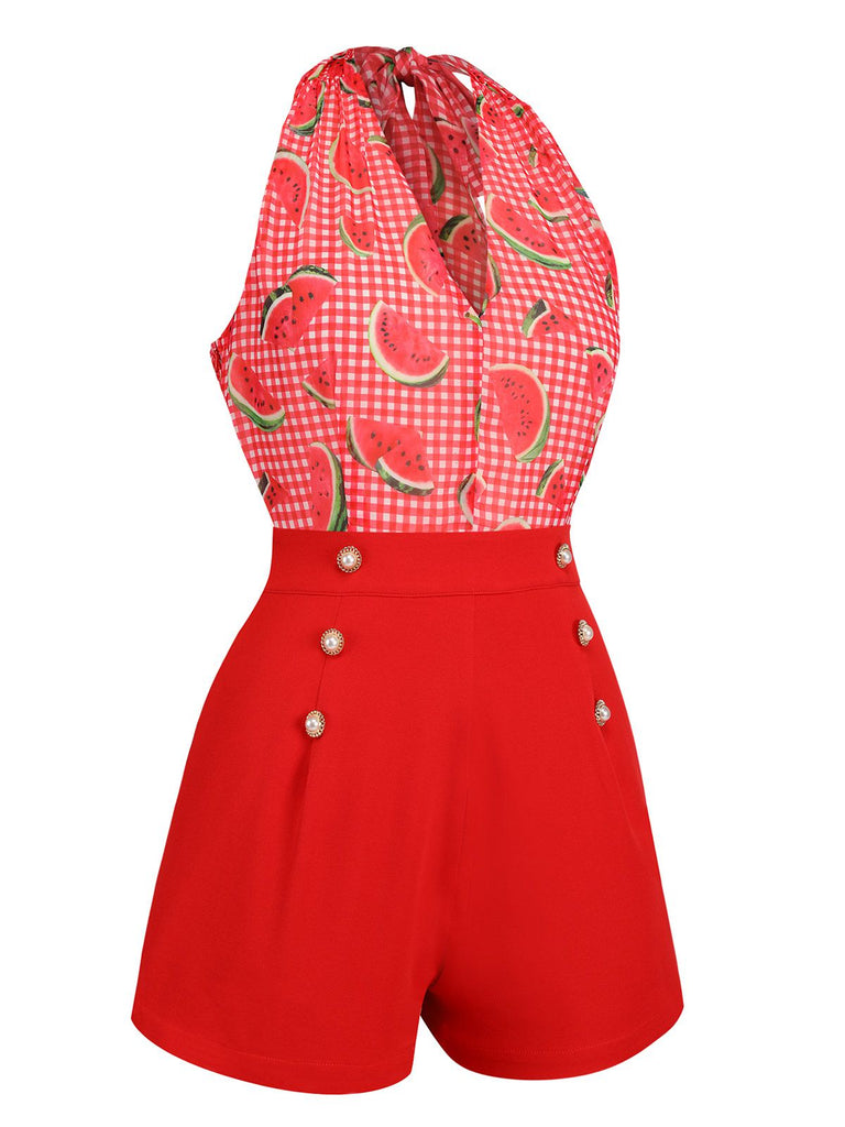 [US Warehouse] Watermelon Red 1950s Halter Patchwork Romper