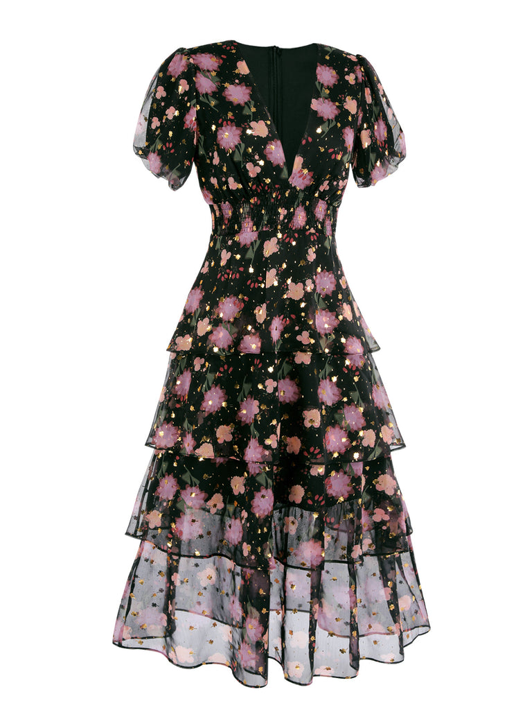 [US Warehouse] Black 1950s Lace Flowers Swing Dress