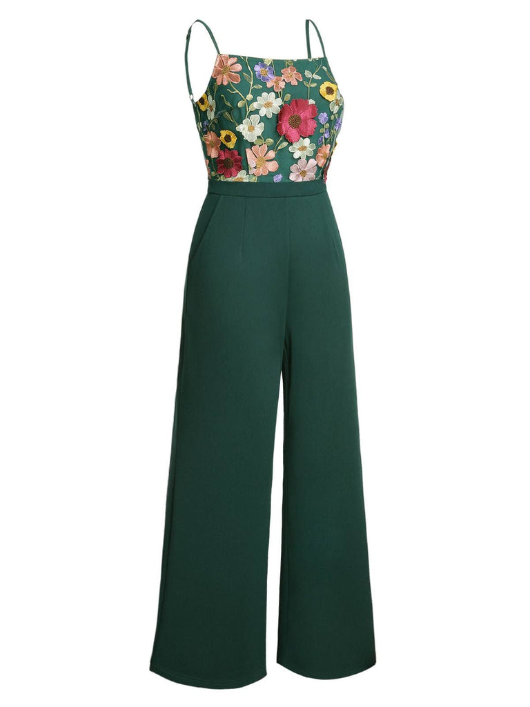 [US Warehouse] Green 1930s 3D Floral Strap Patchwork Jumpsuit