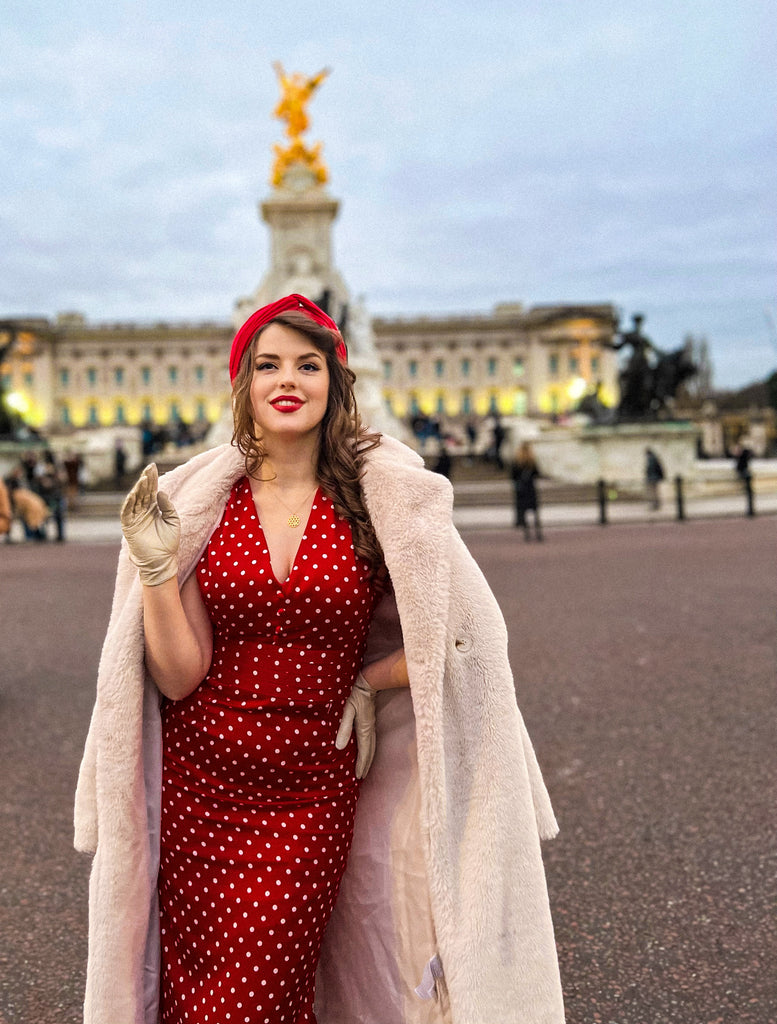 Red 1960s Dots V-Neck Pencil Dress