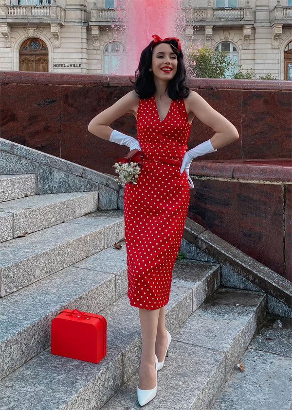 Retro Stage Sleeveless Dots V-Neck Pencil Dress Red