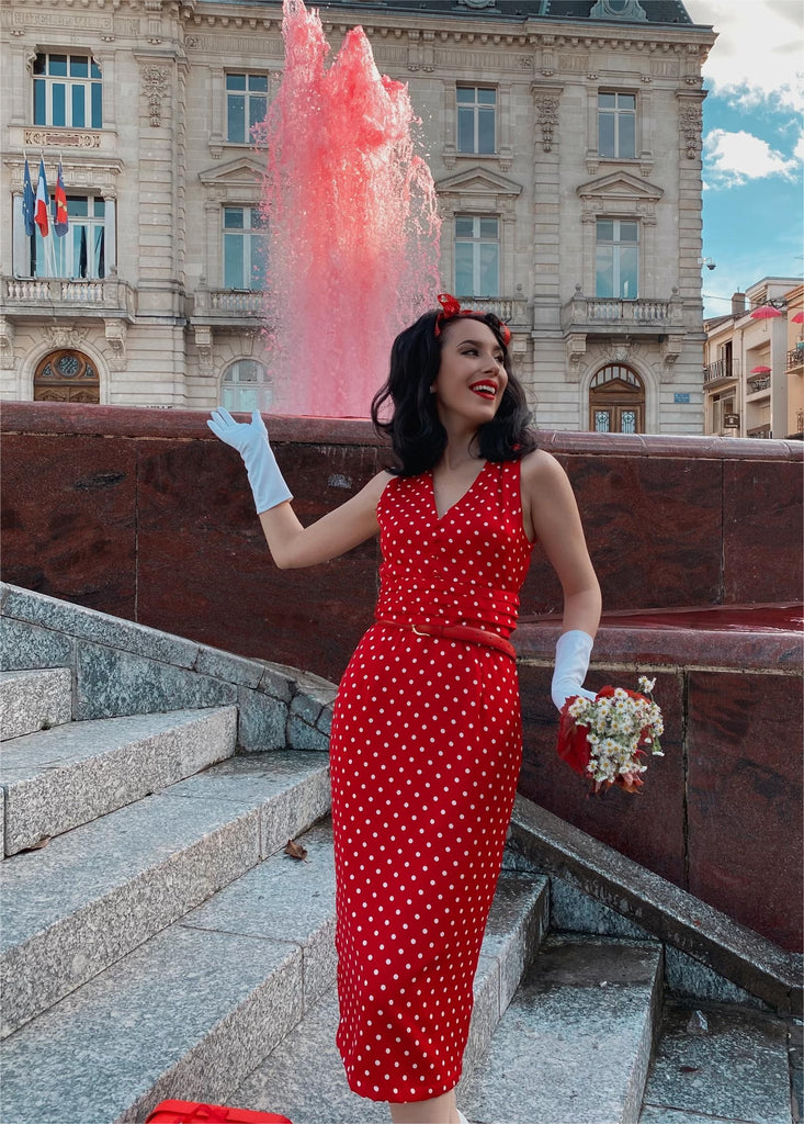 Red 1960s Dots V-Neck Pencil Dress